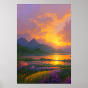 Poster Fiery Sunset, Lago Bonito com Bancos Verdes