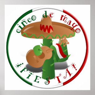 Pôster Fiesta Cactus com Violão e Pimentos Dançantes