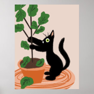 Poster Figueira de Gato Divertido Plantas em Vasos Desenh