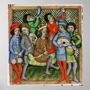 Poster Figura coroada assentada cercada por músicos