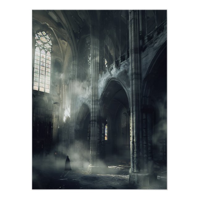 Pôster Figura Encapuzada em Catedral Gótica Abandonada (Frente)