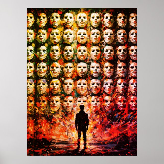Poster Figura Sem Rosto Multidão Máscara Impasto Surreal  (Frente)