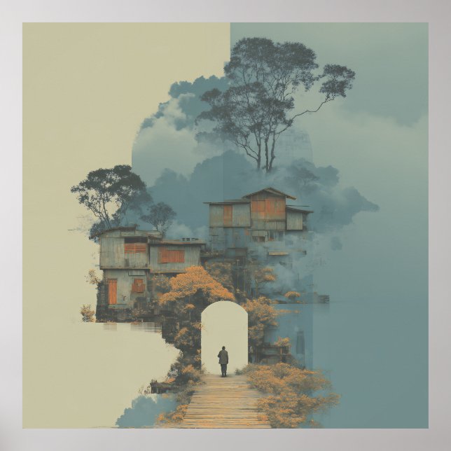 Poster Figura Solitária Surreal Flutuante Vila de Barraco (Frente)