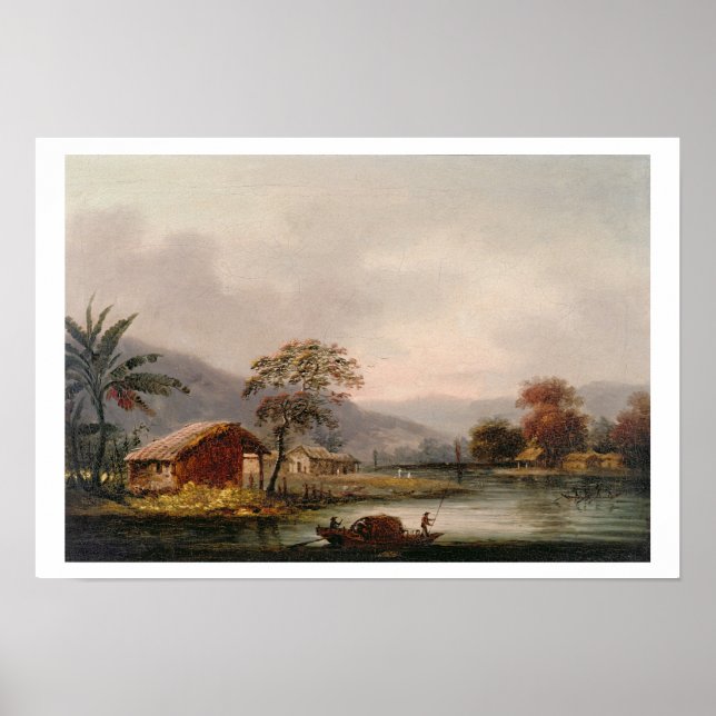 Pôster Figuras guiando uma tenda Sampan em um rio. (Frente)