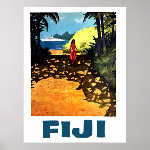 Poster Fiji, mulher na costa trópica e barco turístico