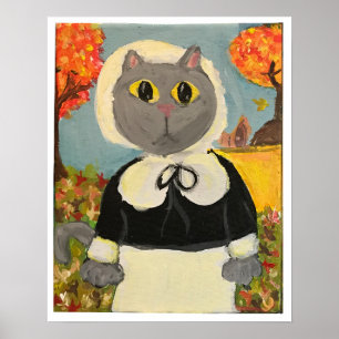 Poster Filgrim Cat Thanksanding Girl Pinting Art