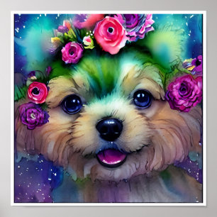 Poster Filhote Branco Fofo com Flores na Cabeça