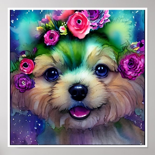 Poster Filhote Branco Fofo com Flores na Cabeça  (Frente)