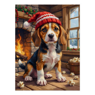 Pôster Filhote de Beagle Alegre em Gorro de Meia Aconcheg