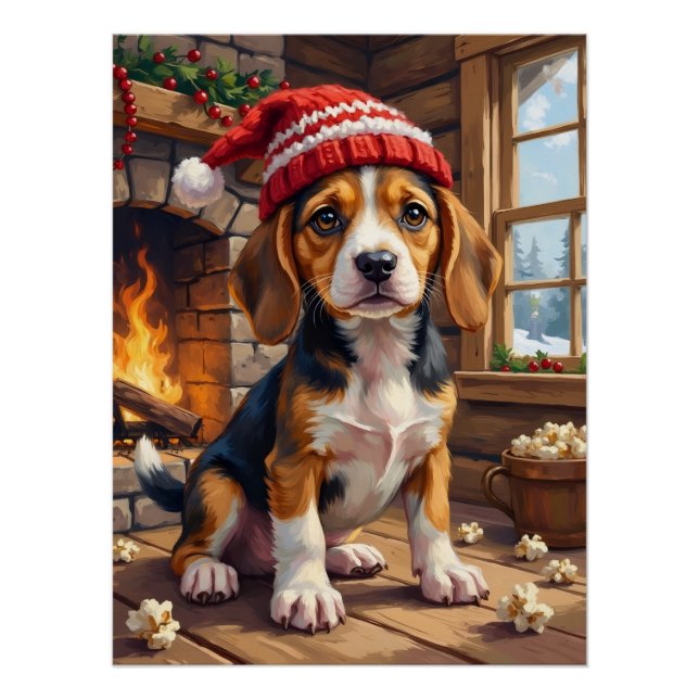 Pôster Filhote de Beagle Alegre em Gorro de Meia Aconcheg (Frente)