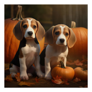 Pôster Filhote de Beagle Delícia de Outono Abóbora