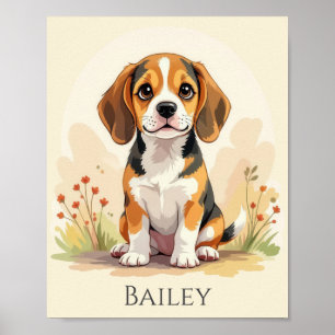 Poster Filhote de Beagle Tricolor Preto, Marrom e Branco 