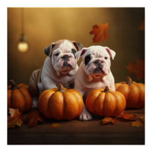 Pôster Filhote de Bulldog Outono Prazer Abóbora