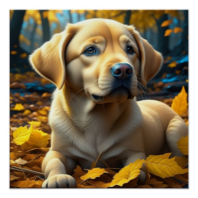 Pôster Filhote de cachorro brincando nas folhas de outono (Frente)