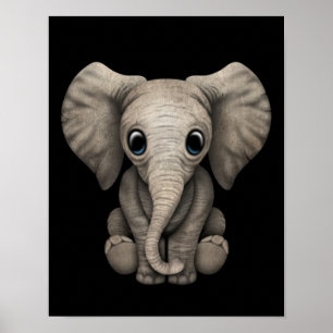 Pôster Filhote de Elefante Bonito Sentado, Preto