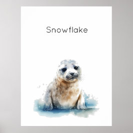 Poster Filhote de Foca Charmoso em Aquarela, personalizad