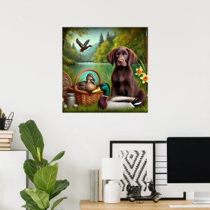 Poster Filhote de Labrador Chocolate ao lado de um Lago c