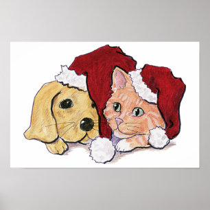 Pôster Filhote de Labrador de Natal fofo e Gato Tabby Lar