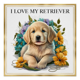Pôster Filhote de Retriever Dourado em Aquarela com Moldu