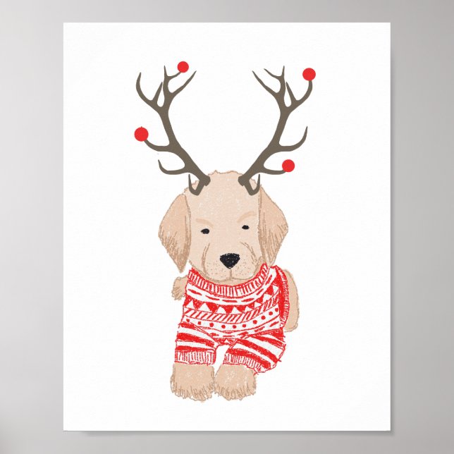 Poster Filhote de Retriever Dourado Suéter de Natal Chifr (Frente)
