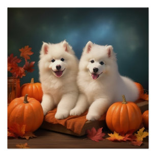 Pôster Filhote de Samoyed Delícia de Outono Abóbora