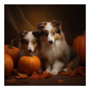 Pôster Filhote de Shetland Sheepdog Outono Prazer Abóbora