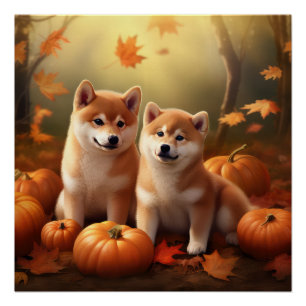 Pôster Filhote de Shiba Inu Delícia de Outono Abóbora
