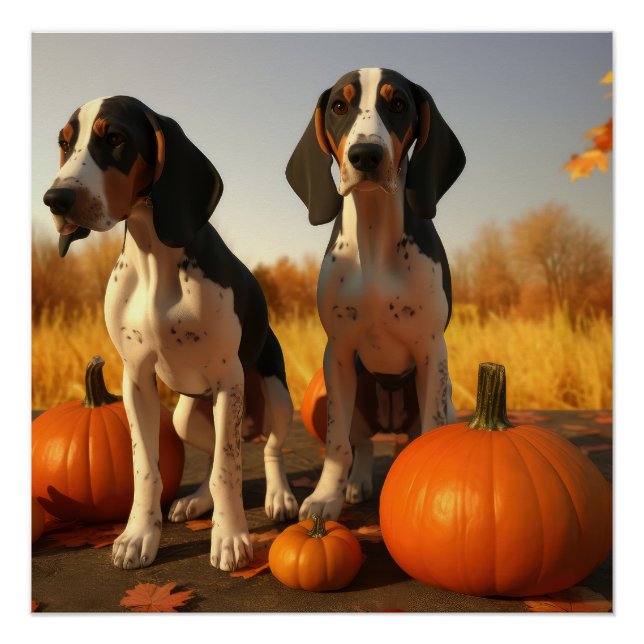 Pôster Filhote de Treeing Walker Coonhound Outono Abóbora (Frente)