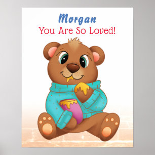 Poster Filhote de Urso Comendo Mel Nome da Criança & Mens