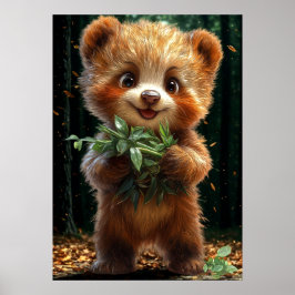 Poster Filhote de Urso Fofo com Folhagens