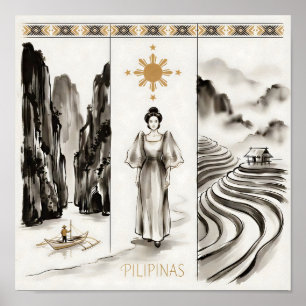 Poster Filipinas-El Nido & Arroz em Terraços-Pintura a na