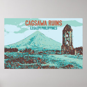 Poster Filipinas, ruínas de Cagsawa, Legazpi, vulcão Mayo