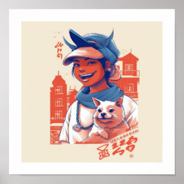 Poster Fille du Japon avec son chien