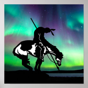 Poster Fim da silhueta de trilho com luzes de Norte