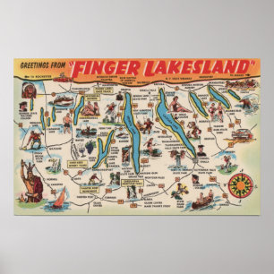 Pôster Fingerlakes, New York - mapa detalhado