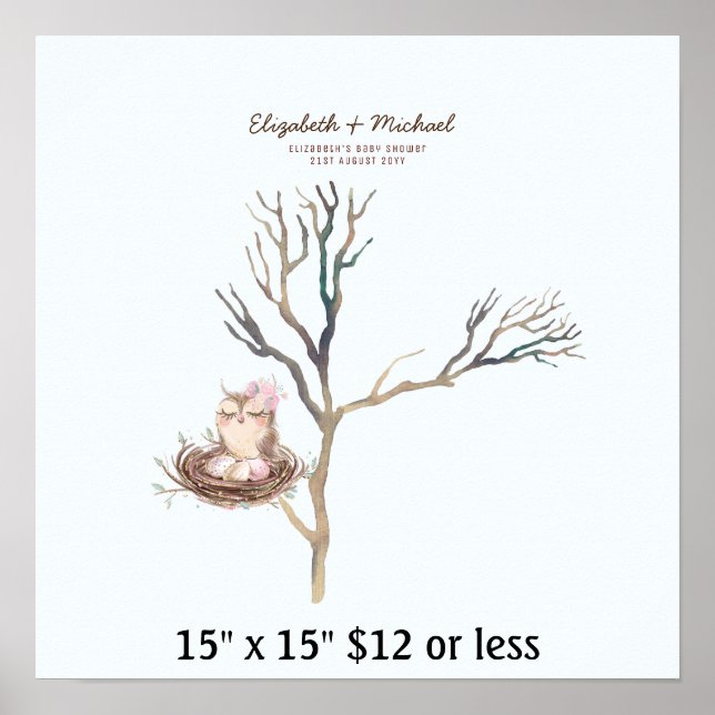 Poster Fingerprint Tree Chá de fraldas Watercolor Owl Egs (Frente)