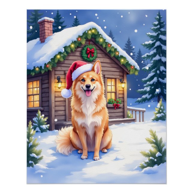Pôster Finnish Spitz Snowy Cabin Santa Hat Christmas Art (Frente)