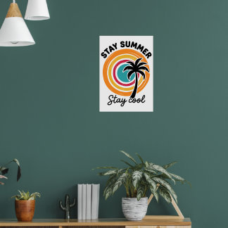 Poster Fique Verão Fique Fresco Retro Palmeiras Pôr do So