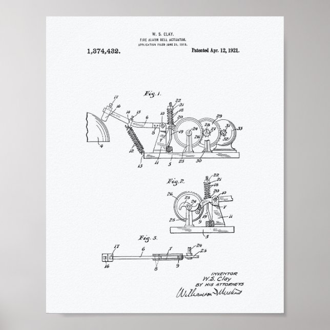 Poster Fire Alarm Bell 1921 Patent Art - White Paper (Frente)