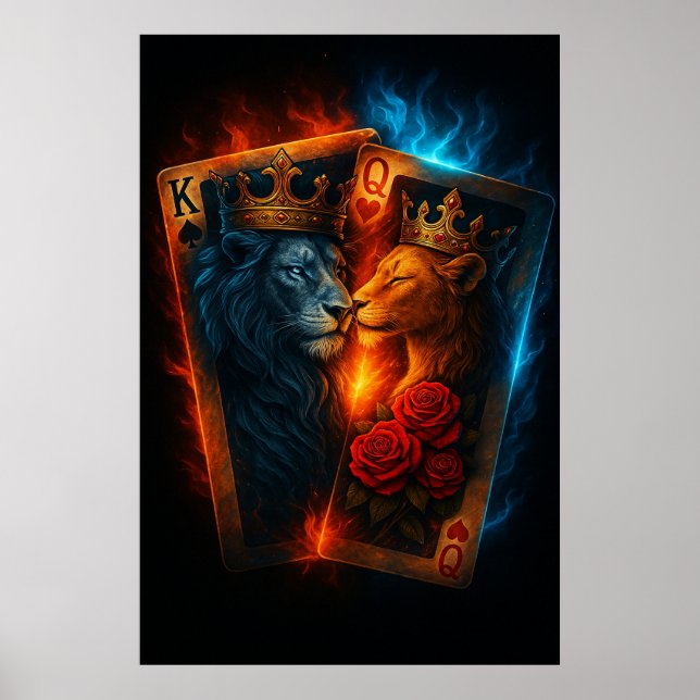 Poster Fire & Ice Lions — Epic King & Queen Card Art (Frente)