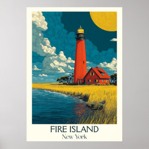 Poster Fire Island New York Vintage Lighthouse Beach Art
