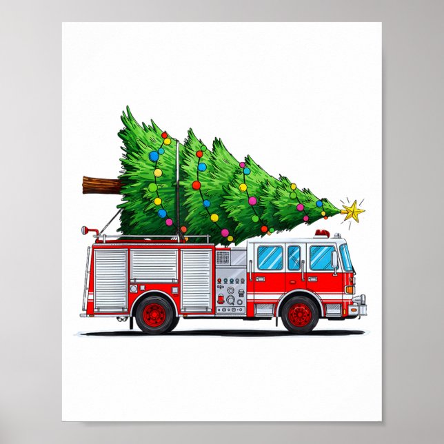 Poster Fire Truck Christmas Tree Xmas Lights Firefighter  (Frente)