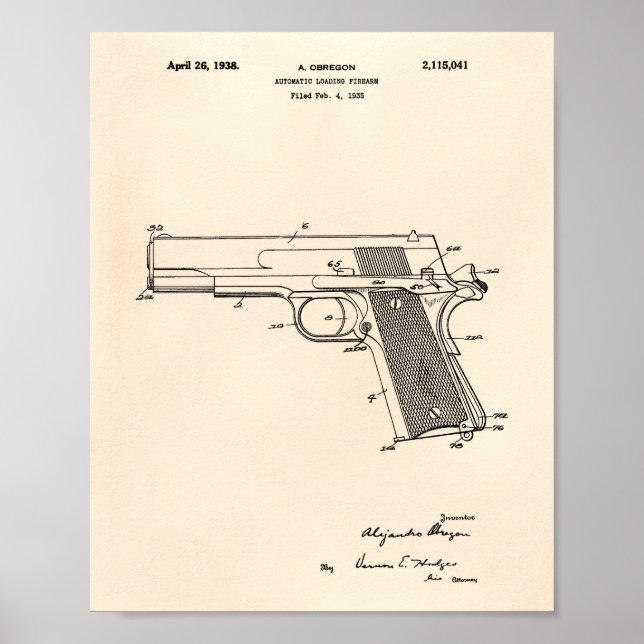 Pôster Firearm Automático 1938, Anterior Arte Patente (Frente)