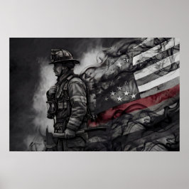 Poster Firefighter Red Line Tribute Smoke American Flag