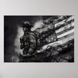 Poster Firefighter Smoke Ink American Flag Tribute