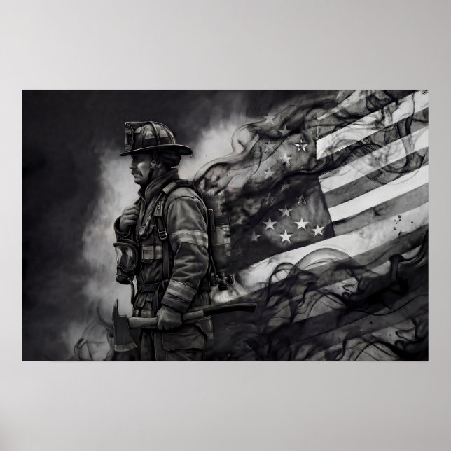 Poster Firefighter Smoke Ink American Flag Tribute (Frente)