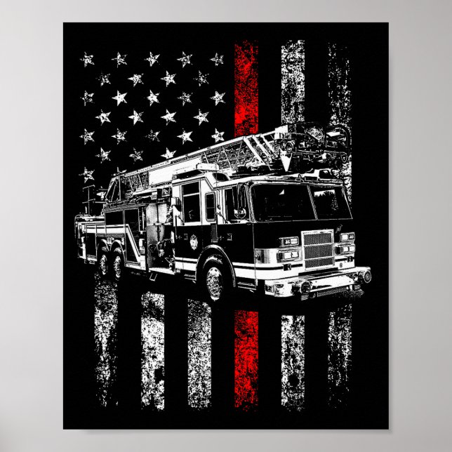 Poster Fireman American Flag Thin Red Line Firefighter  (Frente)