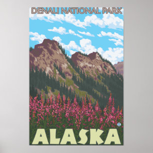 Pôster Fireweed & montanhas - parque nacional de Denali,