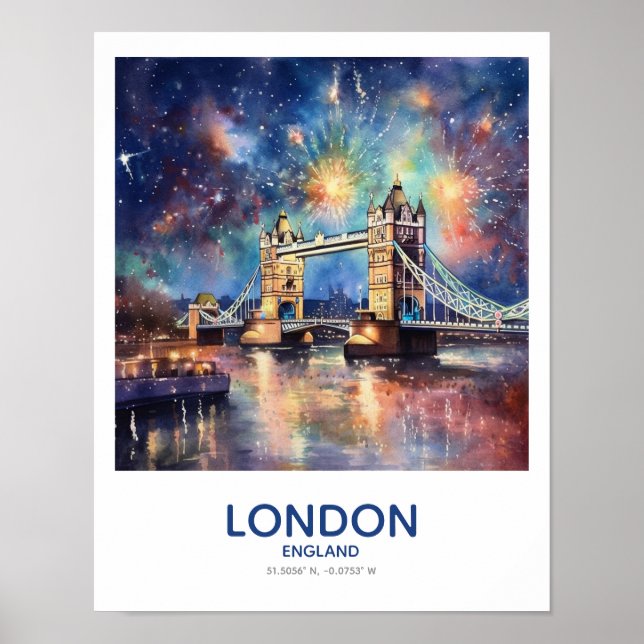 Poster Fireworks Over Tower Bridge - Londres, Inglaterra (Frente)