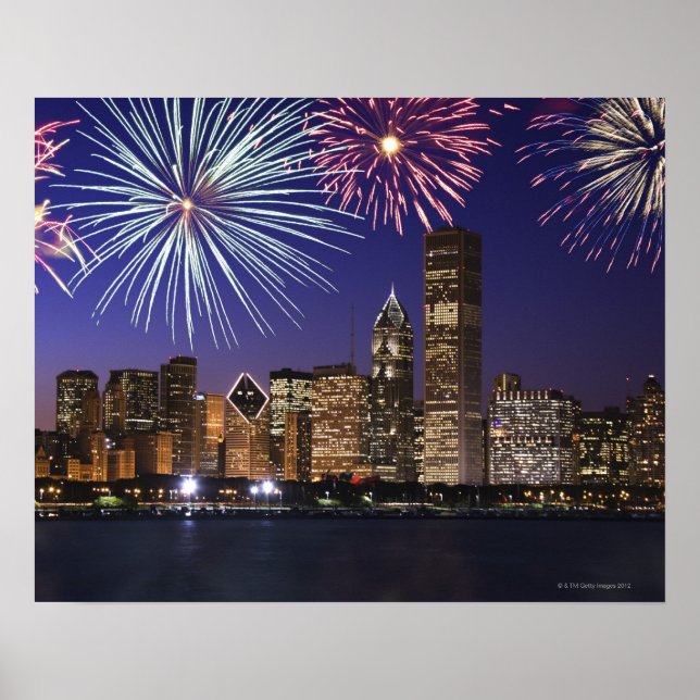 Poster Fireworks sobre o skyline de Chicago (Frente)